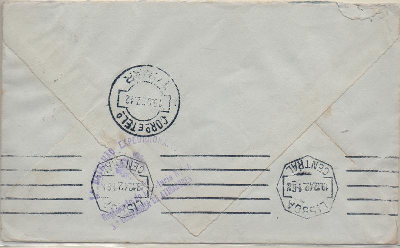 0733 f.jpg -     Lote:    733 (frente)                   Descrição:         1939/45 &mdash; 2.ª Guerra Mundial. Expedição Militar a Cabo Verde. Sobrescrito circulado de S. Vicente (11.12.42) para Tomar com selo CE222/223. Carimbo da unidade batido a violeta "1.º BATALHÃO EXPEDICIONÁRIO / REGIMENTO DE INFANTARIA N.º 15 / 3.ª COMPANHIA DE ATIRADORES.        Carta       Valor Base:     &euro; 20,00     Valor Venda:     &euro;      